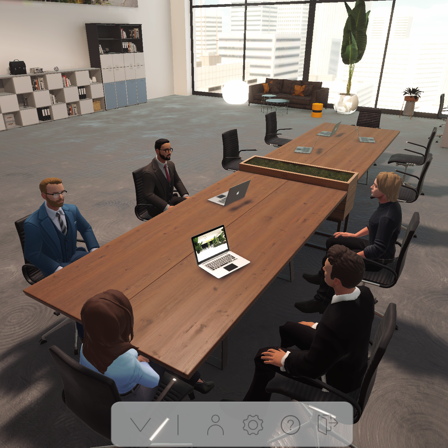 Diagonal shot of a conference call in a ReSocialize Online Office digital event room. Avatars sitting around a conference table in a board room meeting or similar.