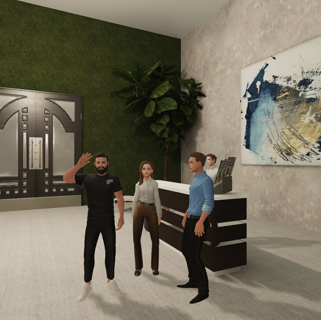 ReScoialize Metaverse Meeting Platform, virtual event space, and online office with three avatars greeting guests, waving towards the viewer