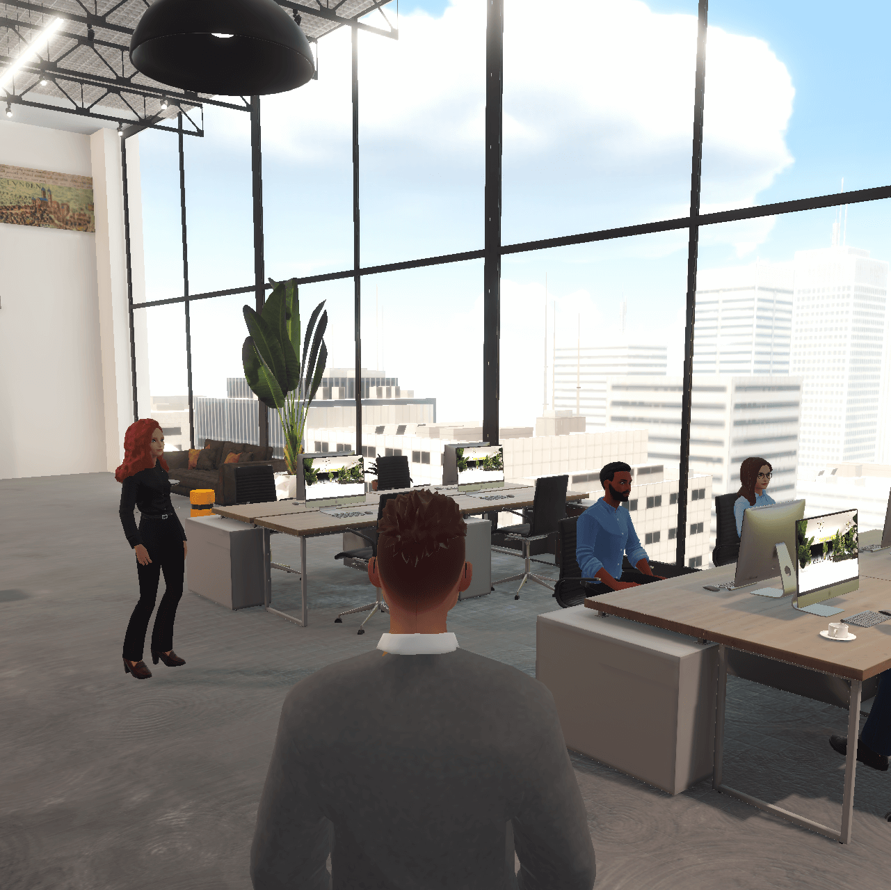 Online co-working space or virtual office. Avatars working in groups in the ReSocialize metaverse meeting platform. Some avatars are sitting at desks with computers, others are standing and having conversations. The environment is light and inspiring environment, floor-to-ceiling windows at the far wall, and several desks, meeting tables, and couch areas ready for online networking events and remote work. perfect digital nomad tool to empower networking in when working alone or remote