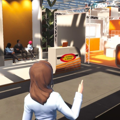 Image of three ReSocialize avatars sitting at a booth in an online trade show or virtual expo. In the foreground there is an avatar navigating the 3d virtual event room floor between online booths.