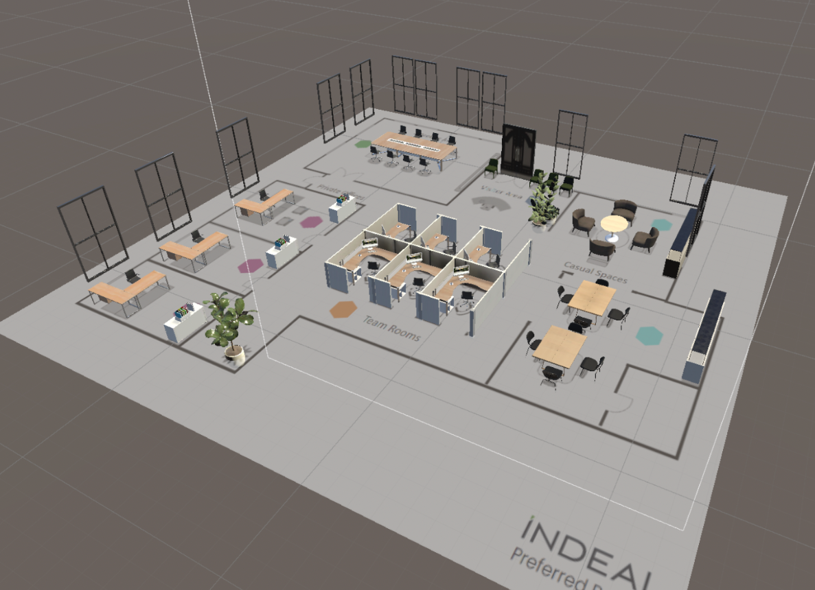 Example office 3d space map for digital twin virtual office. The space map is being populated with office furniture.