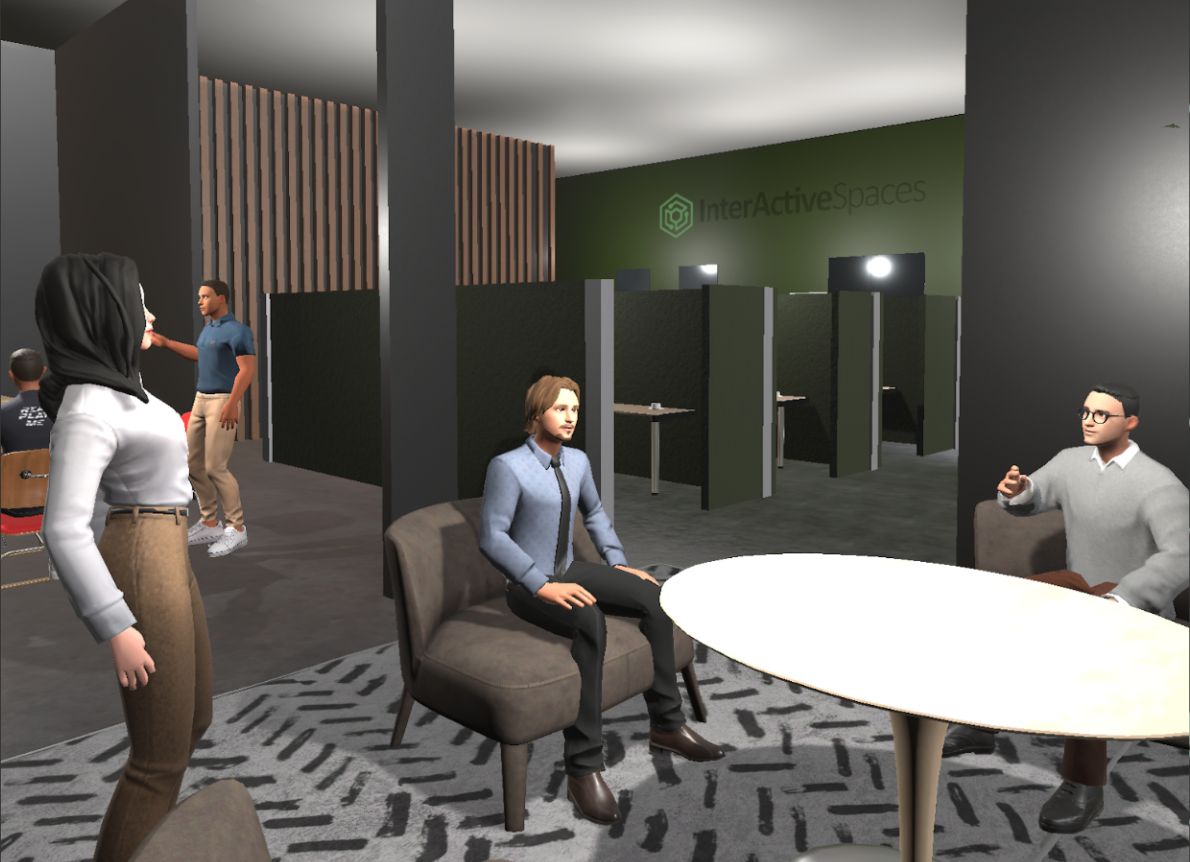 Example ReSocialize online office 3d space map for digital twin virtual office populated with ReSocialize avatars holding an online meeting.